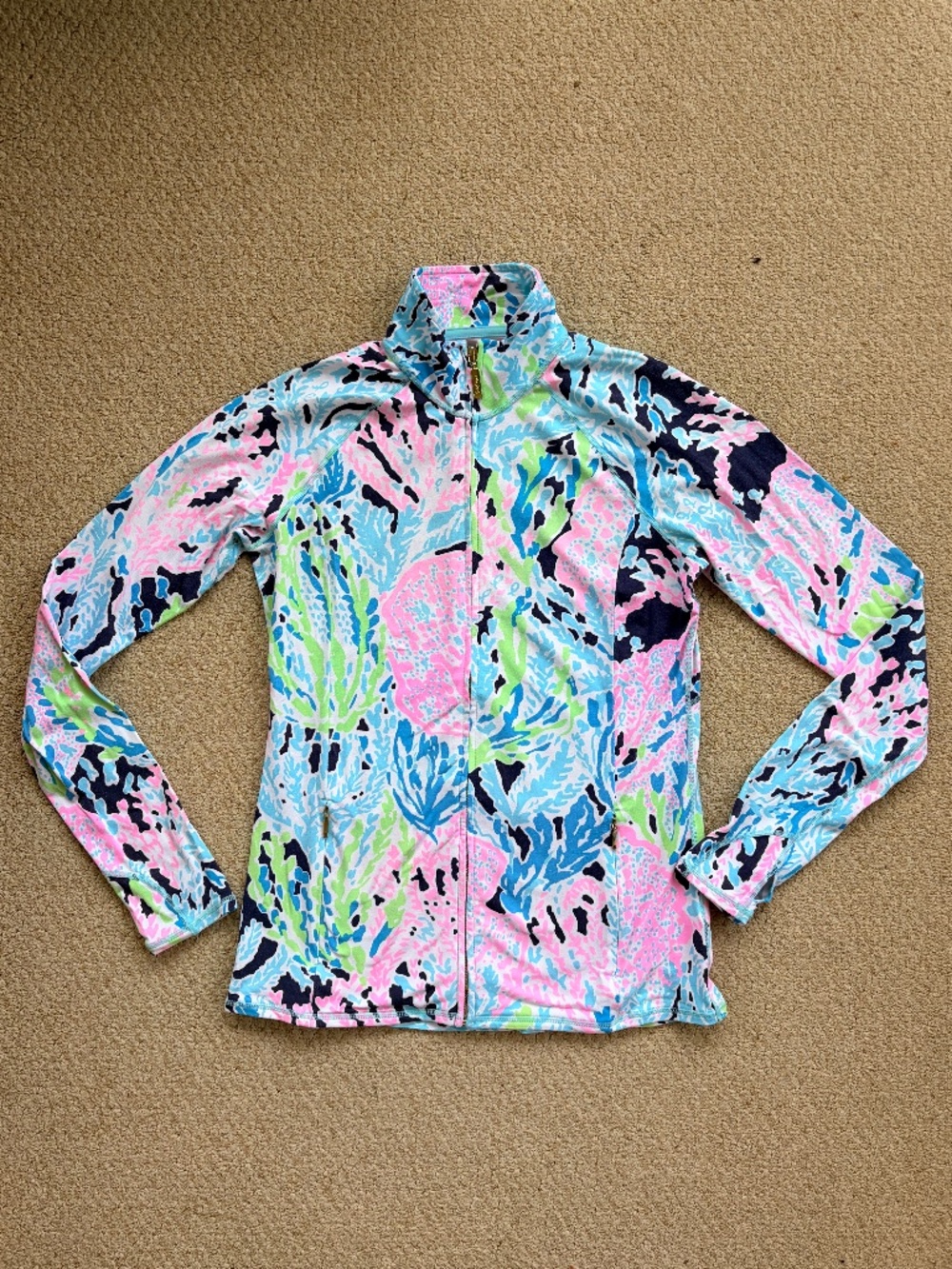 Lilly Pulitzer Pink Aqua Navy Coral Print Zip-Up Size Small